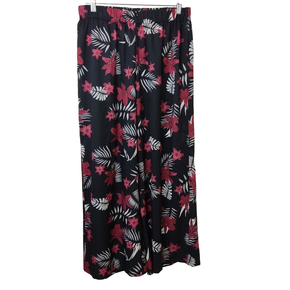 Shein Pants Womens‎ 0XL Black Tropical Floral Curve Wide Leg High Rise Elastic